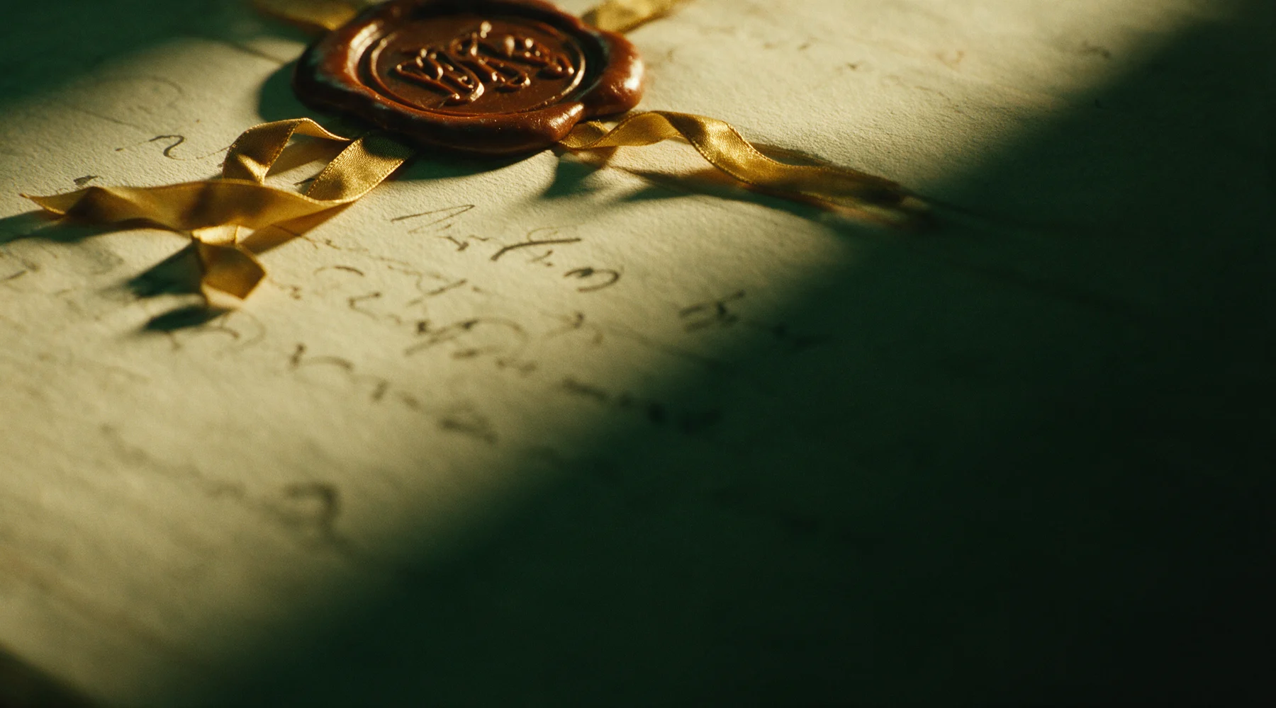 Wax seal and gold ribbon on an antique legal document, in warm light.