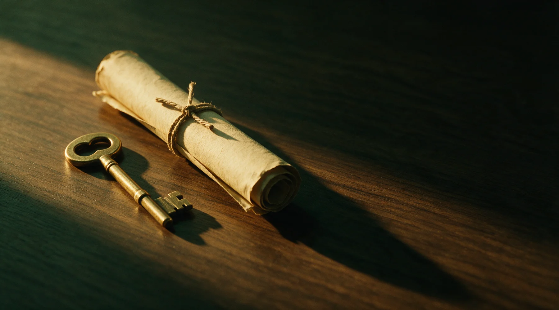Antique brass key beside a rolled property deed, on a wooden desk.